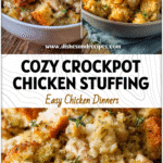 Bowl of creamy Crockpot chicken and golden stuffing served as a cozy Thanksgiving Dinner In A Crockpot.